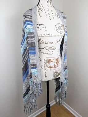 By Design Blue Gray Knit Open Front Duster Cardigan Sweater Fringe Hem M Boho